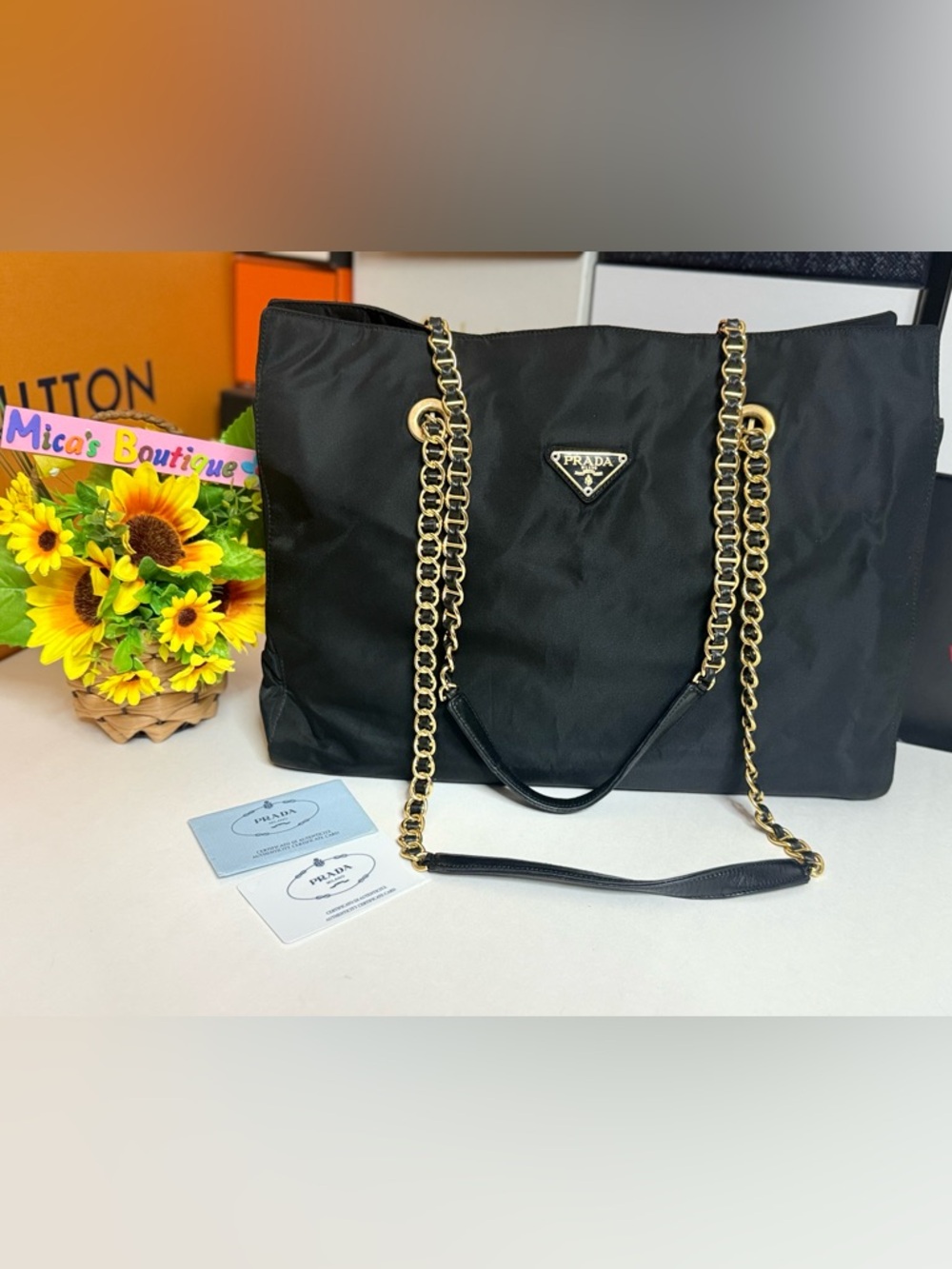 Auth PRADA Triangle Logo Tessuto Black Nylon Leather Chain Shoulder Bag